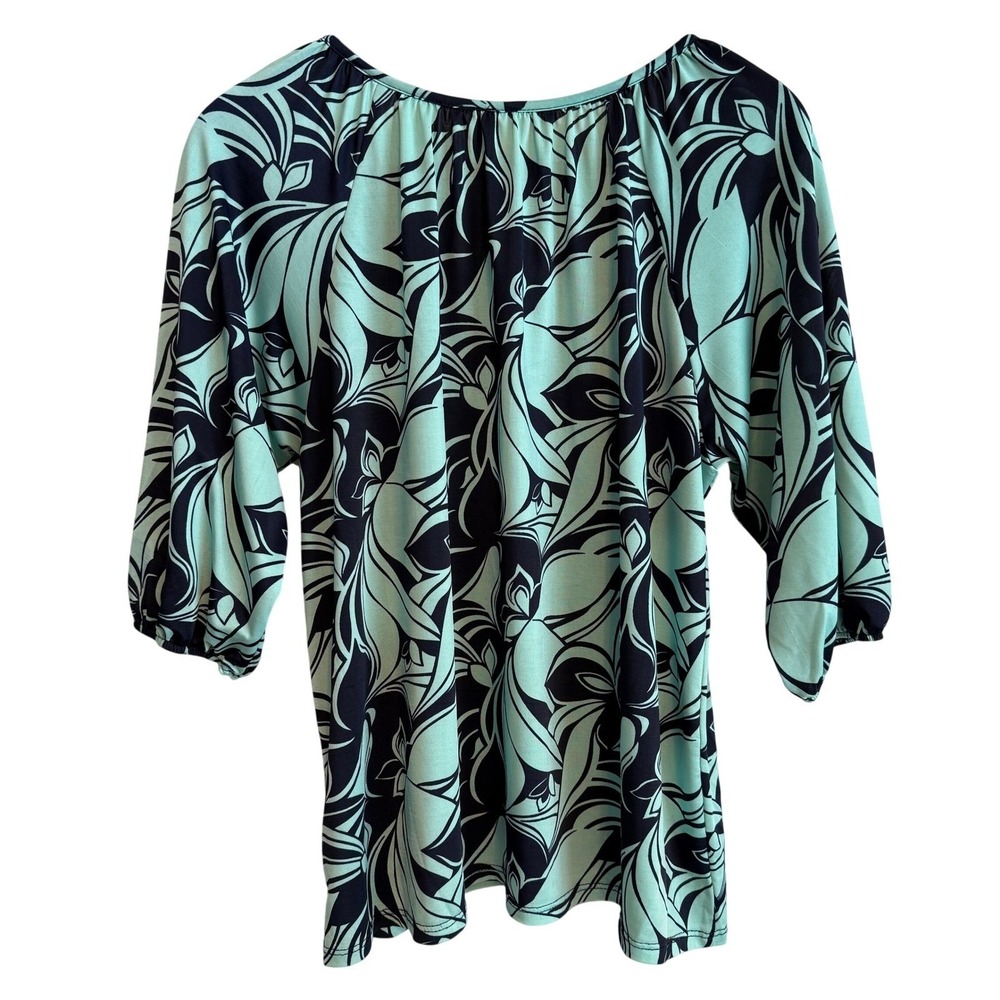 Lapis Womens Mint Navy Abstract Floral Top Size PL 3/4 Sleeve Pullover Feminine